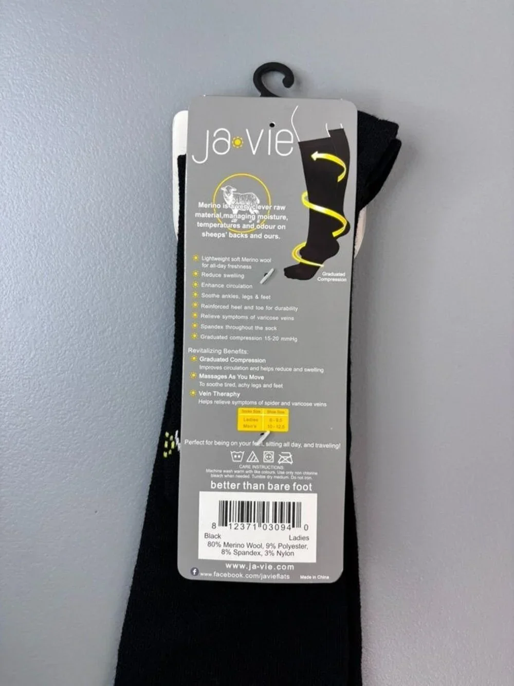 Ja-Vie ladies 6-9.5 black merino compression socks calf high wool blend NWT